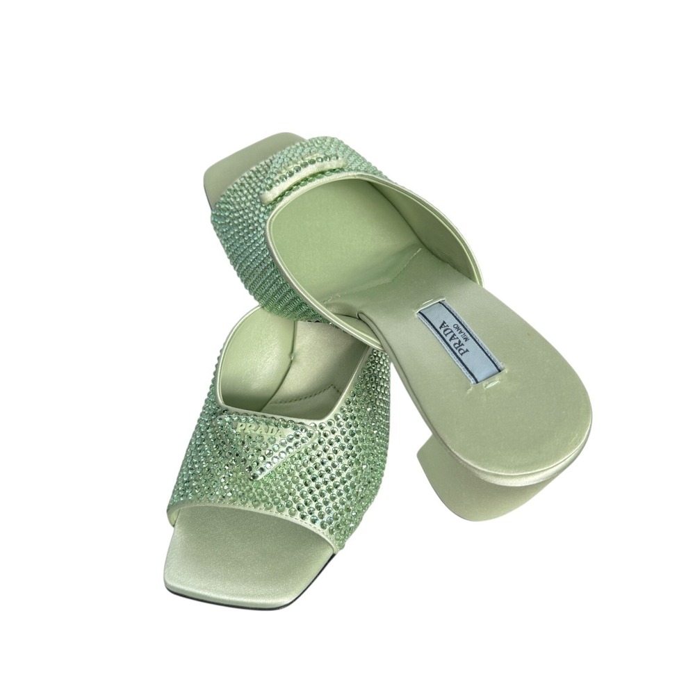 Prada 1XX642 Satin Crystal Embellished Acqua Slide Heel Sandals, 36.5 - Picture 9 of 16